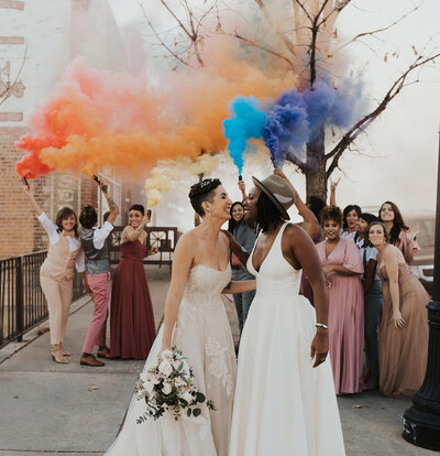 Rainbow smoke bombs at LGTBQ wedding at the St Vrain wedding venue