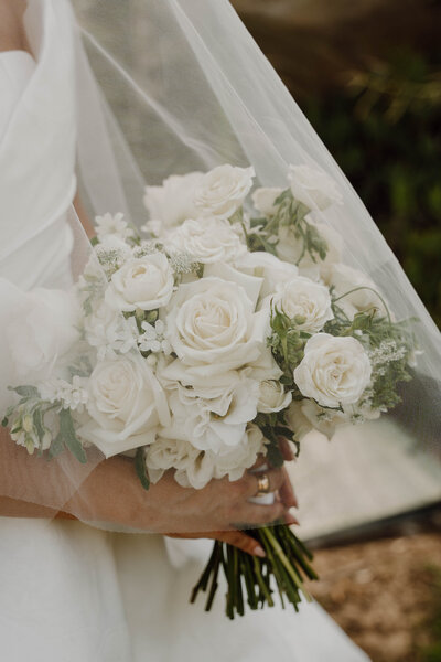 a bride's bouquet under her veil