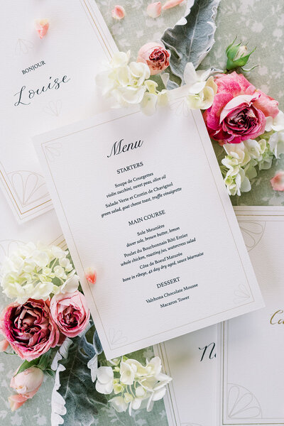 Custom wedding menu with calligraphy with french wedding theme