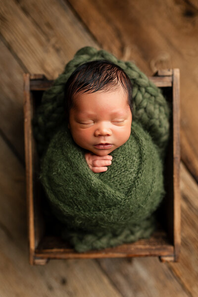 Newborn baby boy snuggling a stuffed giraffe as he smiles during his newborn session.