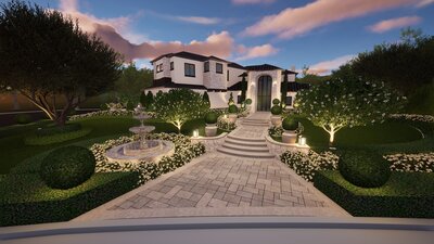Front yard with custom water feature and LED floating steps.