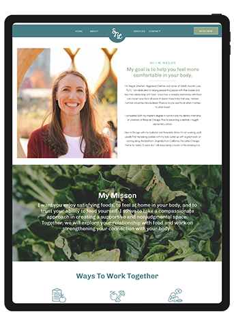 Website design for a non-diet dietitian about page, featuring earthy colors and images of fresh produce.