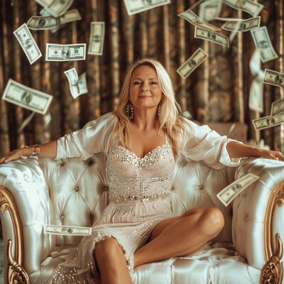 Life-like AI portrait of a woman sitting on a couch with money raining down on her