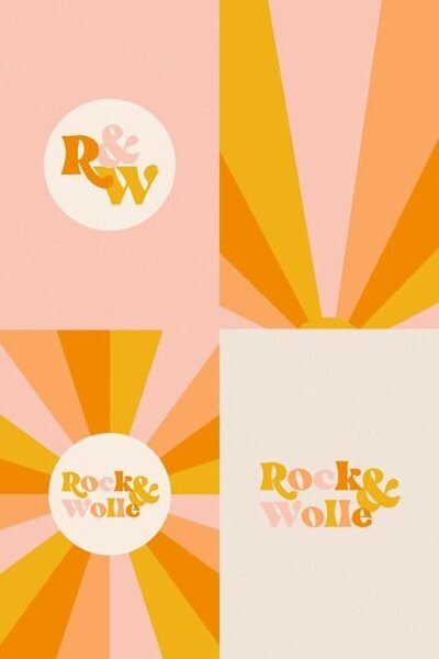 Kind of 70s inspired sunburst pattern with a dusty pink, mustard yellow, peach and orange. There are circles with R&W inside as well as Rock & Wolle in one of the quadrants.