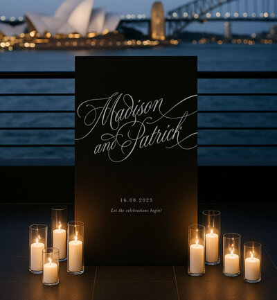 Linen cloth welcome sing in hand drawn script for wedding welcome signage