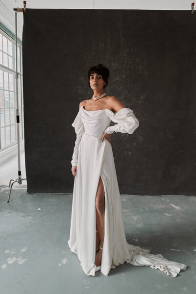 Handmade silk bridal skirt and blouse worn by bride in England