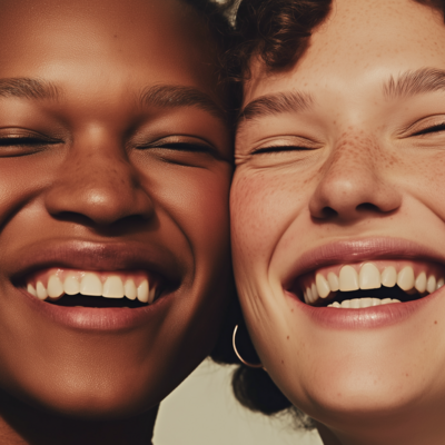 Close-up of two joyful women smiling, symbolizing emotional wellness, inner radiance, and the power of connection within a supportive wellness community.