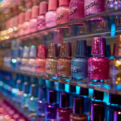 A photo of glitter nail polish on shelves.