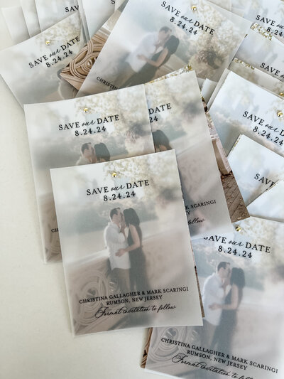 Custom vellum overlay photo save the date cards, modern NJ save the date cards