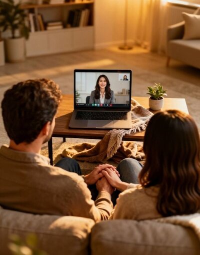 Couple sitting close together on a couch during a video session with a licensed marriage and family therapist, symbolizing the comfort and connection of online couples therapy available across Florida, USA, UK, and Canada.