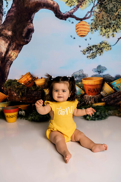 Child with a Winnie the Pooh cake smash session in Fairfield County, CT.