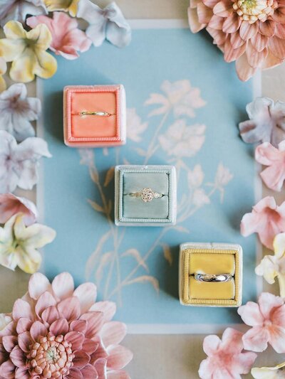 A trio of engagement rings in citrus colored velvet ring boxes for a styled flatlay by Willow and Oak