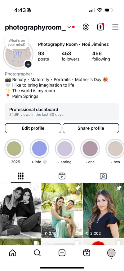 a screenshot of photographers instagram account with spring color branding 