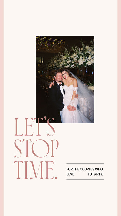 Graphic of Aly Matei wedding photo on a cream background that says "Let's stop time: for the couples who love to party"