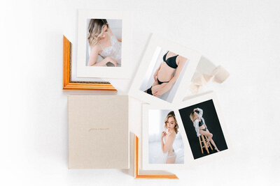 Matted photo prints of a woman modeling in her underwear for a boudoir photo shoot