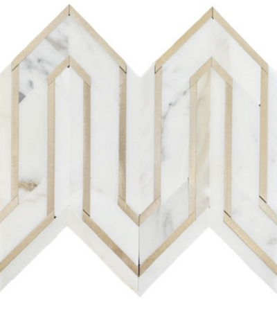 White marble like mosaic shaped tile with gold lines.