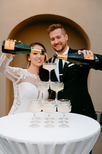 Bride and Groom pouring a champagne tower