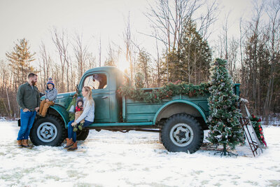Family sitting on green truck - Family Photo Session