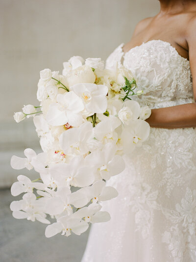 ethereal white orchid wedding bouquet, film wedding photography in Detroit