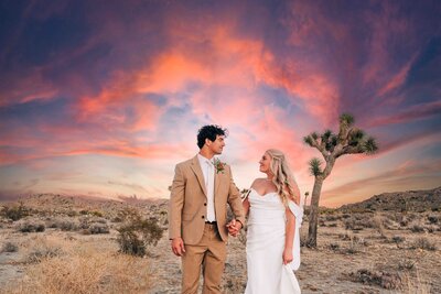 A couple holds hands after their Joshua Tree elopement. There is a lone Joshua Tree in the distance, and the sunset has painted the sky in hues of pink and purple 