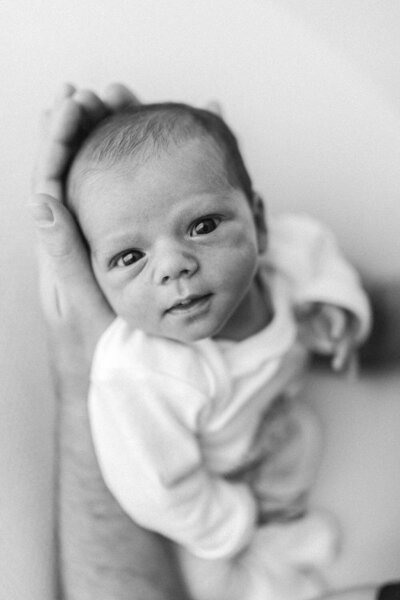 Newborn baby boy is awake looking at the camera being held by dad