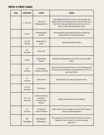 Wedding timeline template for planning a wedding day schedule, featuring customizable sections for ceremony, portraits, and reception activities.