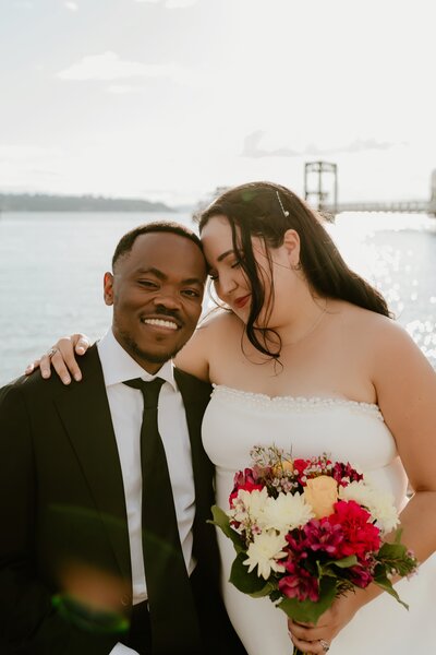 Seattle Wedding day bride and groom in seattle waterfront