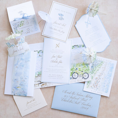 Gold ink custom calligraphy invitation and envelope for wedding