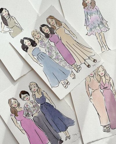 Diverse watercolor fashion illustrations showcasing Stephanie Anne's artistic range in Montrea