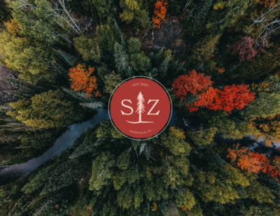 This image shows the Sheri Zanganeh Therapy submark logo against an autumn forest background, with a river moving between the trees. It links to the portfolio page for this brand and website design project.
