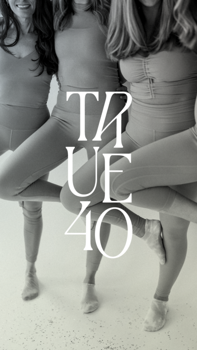 True40 stacked logo on top of a black and white image of women working out in leggings