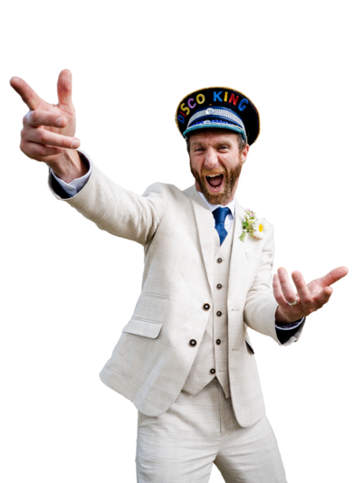 a vector photo of two brides during their bristol wedding, one has hands in the air, the other is pointing her fingers towards the camera, both are full of joy at getting married. 