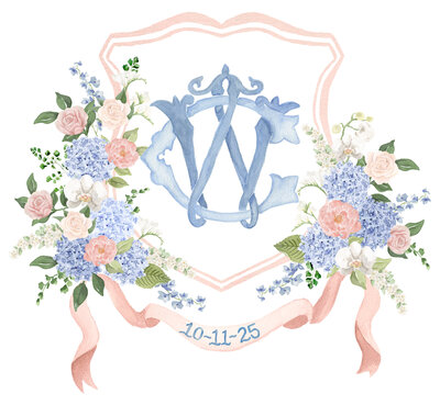 Hand-painted wedding monogram and crest by Alicia Betz of The Welcoming District.