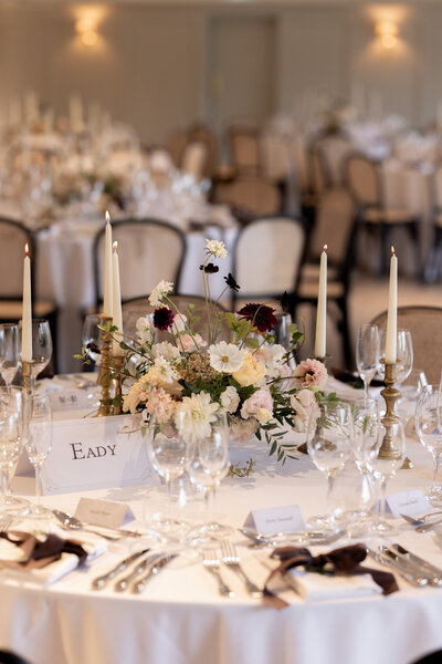 Florals for wedding breakfast in Kilvert Hall, Kin House