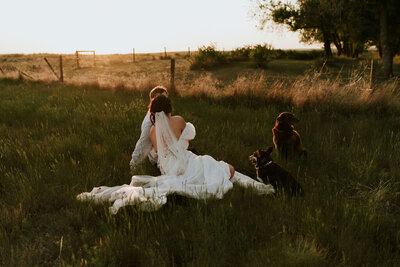 couple with dogs sitting in a pasture in southern Saskatchewan