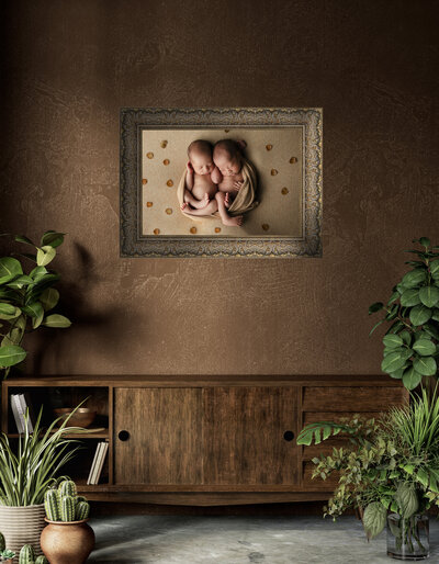 newborn twin photograph on wall in fine art heirloom gold ornate frame