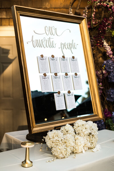gold mirror seating chart hydrangeas