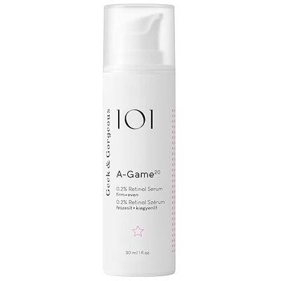 Geek & Gorgeous A-Game 10 Retinal Serum 0.2%, a budget-friendly anti-aging serum featuring retinaldehyde, recommended for nighttime skin renewal.