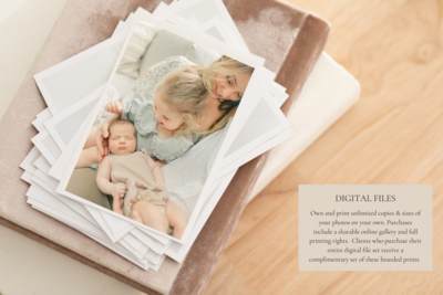 Stack of printed lifestyle photos from a Kansas City newborn session featuring a mother, toddler, and baby in their home.