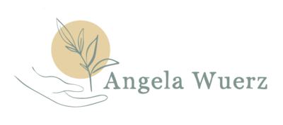Logo with words "Angela Wuerz" and an image of a hand holding a plant