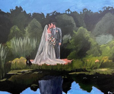 painting of bride and groom walking on a bridge