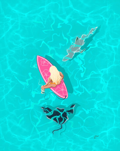 Blonde surfer girl sits on a pink surfboard floating on turquoise water while a shark and ray swim below her.