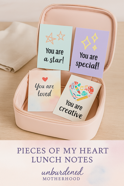 pink lunch box with soft colored lunch notes with fun images such as a heart or stars paired with each text on each card. 