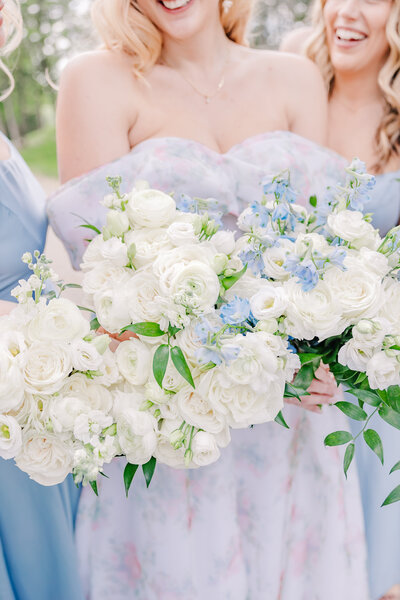 Wedding Photographer Atlanta Georgia | Bride With Bridesmaids In Dusty Blue Dresses At Vineyard Wedding Venue