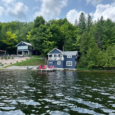blue house and boat house on the water