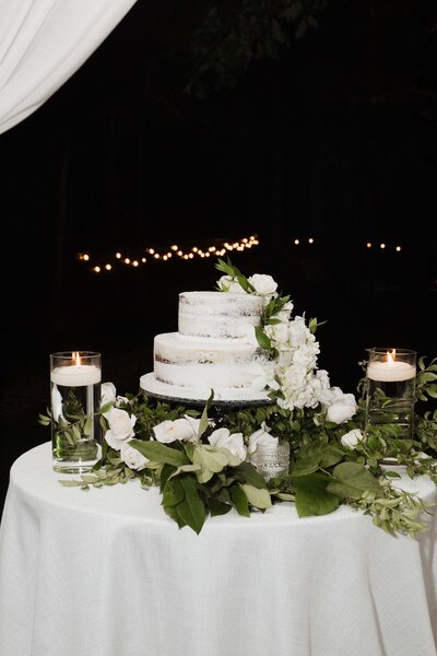 tall white wedding cake on charlotte reception site