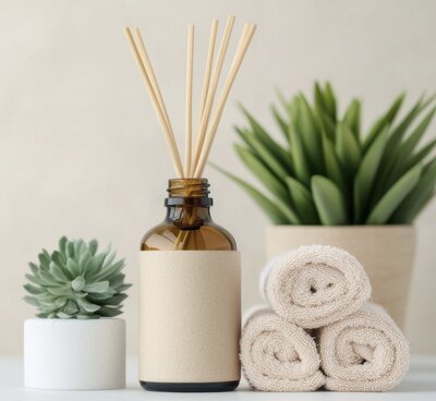 Spa aromatherapy setup with reed diffuser, rolled towels, and succulents on white background