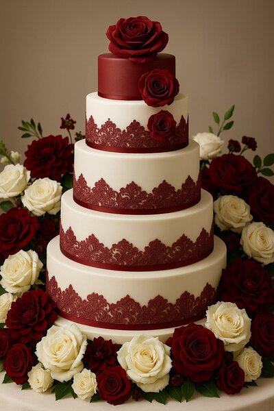 Luxury wedding cake in white and dark red surrounded by fresh roses in dark red and white