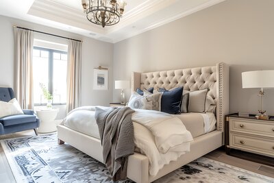 Master Bedroom in creams and grays. Interior Designer Sugar Land.