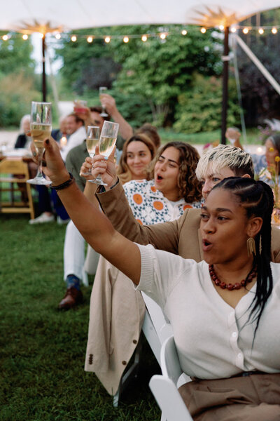 Guests raising glasses at beautiful outdoor wedding reception